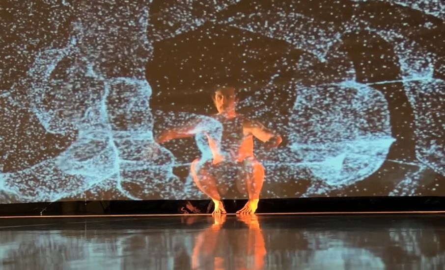 Alireza Mirmohammadi performt auf der Bühne. Das Foto zeigt Alireza auf dem Boden hockend, hinter einem transparenten Stoff, auf den ein Bild projiziert wird.