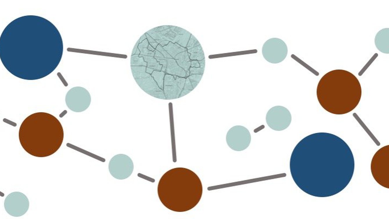 Türkise, braune und blaue Kreise sind wie Moleküle mit einzelnen Linien verbunden und bilden ein Netz.