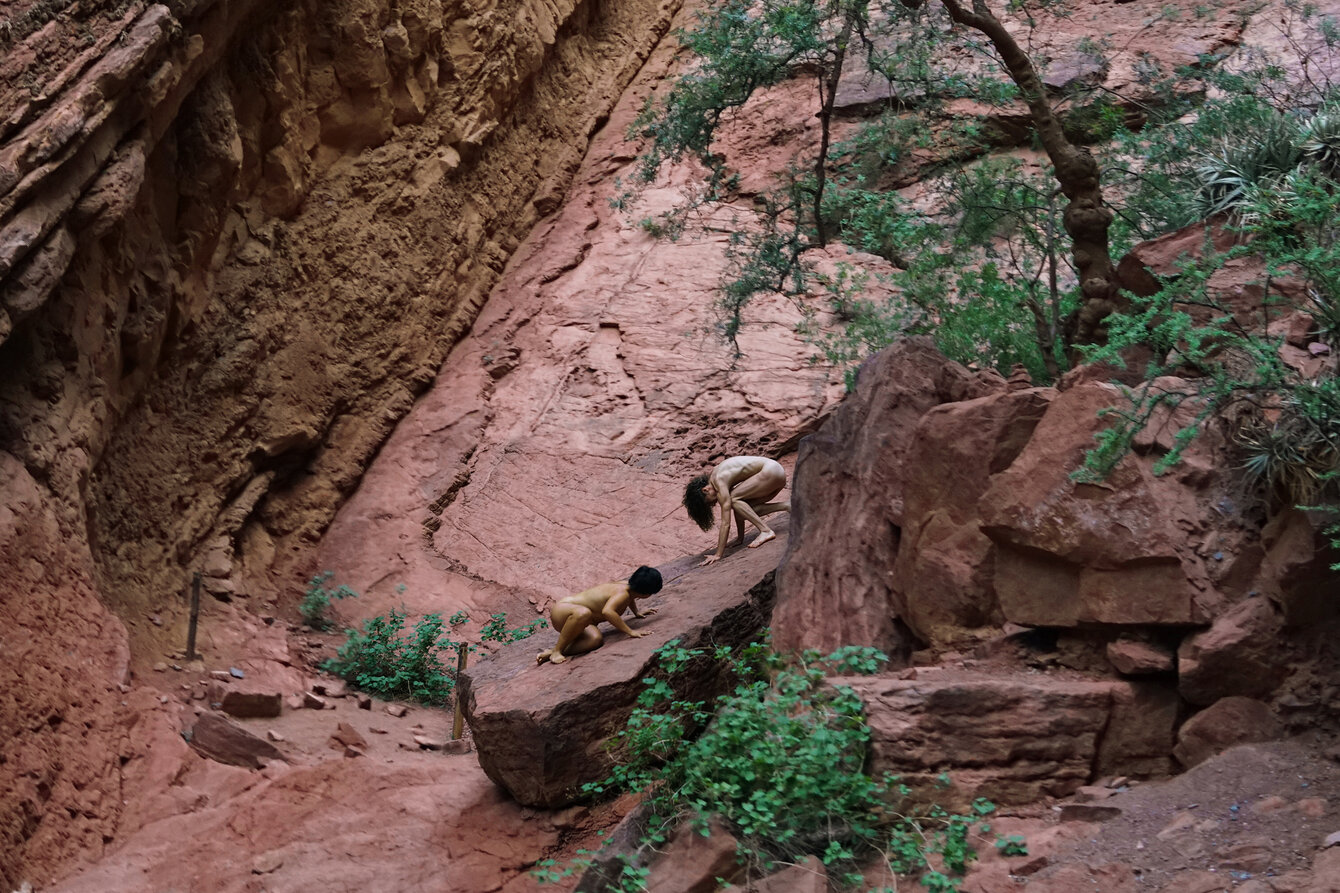 Zwei nackte Menschen, die mit Händen und Füßen auf einem Stein stehen. Sie schauen sich nicht an, sondern blicken nach unten. Hinter ihnen ein Felsenlandschaft.