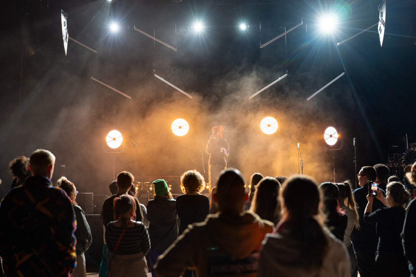 Eine Person singt auf einer Bühne, welche mit Nebel und Lichteffekten schön in Szene gesetzt ist. Davor befindet sich das Publikum, welches silhouettenhaft zu erkenn ist.