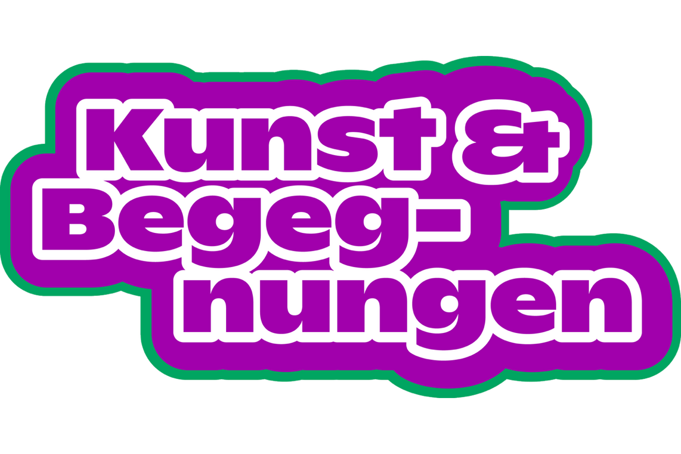 Logo der Veranstaltungsreihe Kunst & Begegnungen. Es handelt sich um eine lila Farbfläche mit grüner Kontur. Darin der Text "Kunst & Begegnungen" in lila mit weißer Kontur.