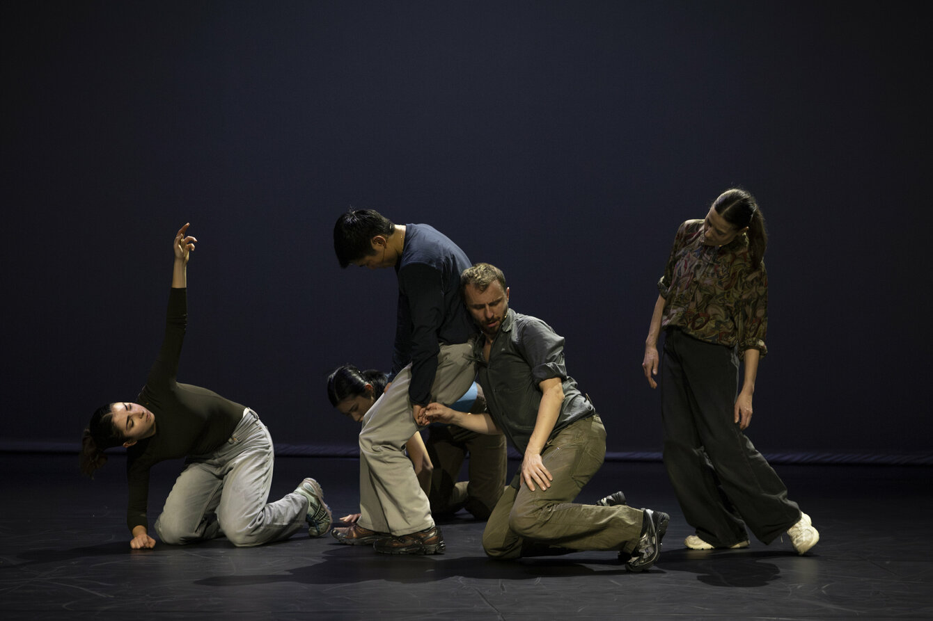 Eine Gruppe von Performer:innen befindet sich auf einer Bühne. Die Bühne ist abgedunkelt und die Performer:innen werden von oben mit einem subtilen Spotlight angeleuchtet. Ihr Schwerpunkt scheint verschoben zu sein, sodass sie sich selbst nicht mehr halten können. Einige von ihnen stützen einander. Andere bewegen sich auf Armen und Beinen über den Boden.