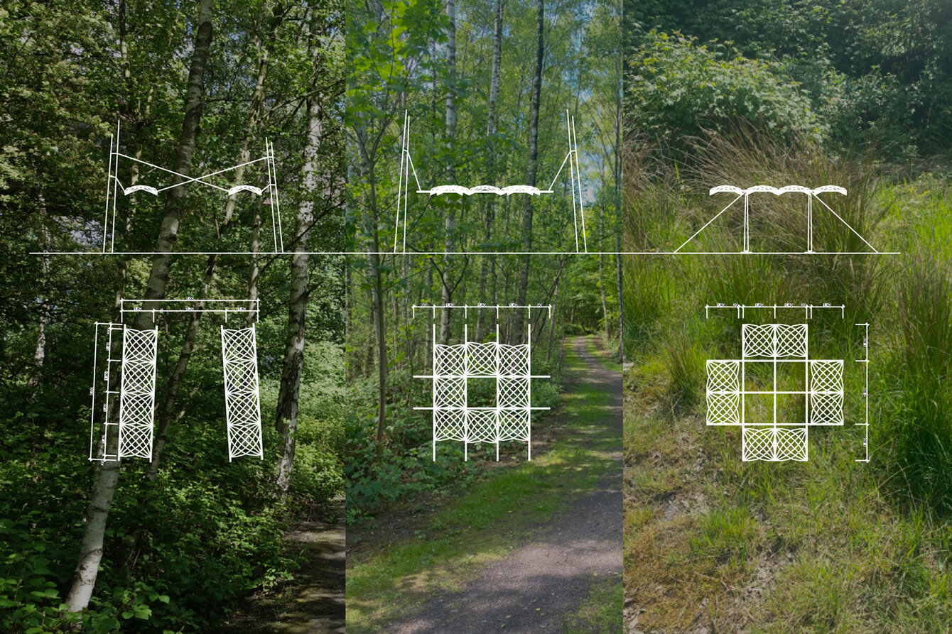 Drei Aufnahmen von grünen Wegen, die zu einem einzigen Foto zusammengefügt wurden. In jeder dieser drei Aufnahmen sind drei weiße Installationen zu sehen.