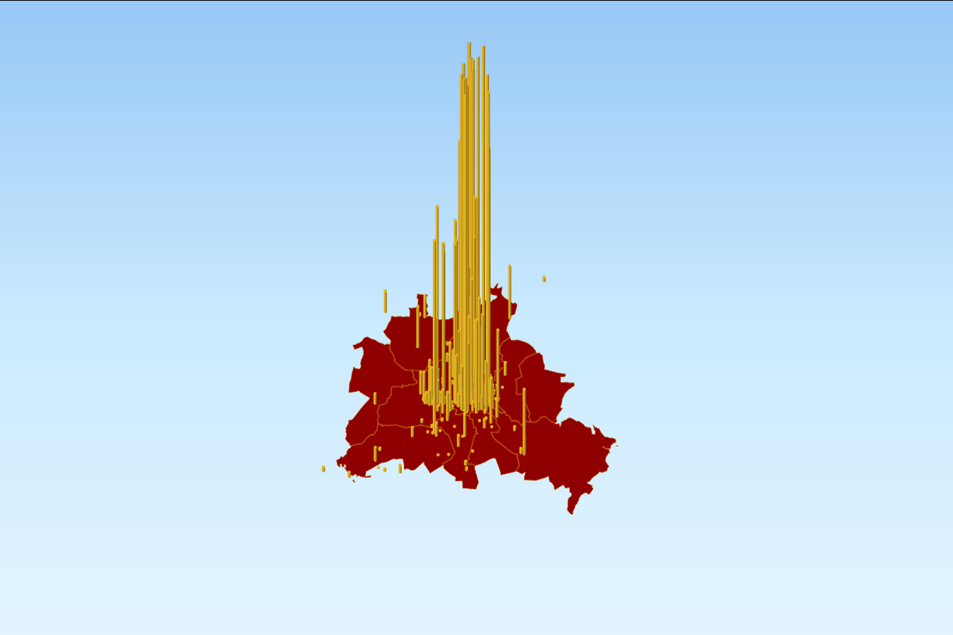 3D-Visualisierung einer Stadtkarte – die rote Fläche den Grundriss einer Stadt, darüber ragen zahlreiche gelbe Balken in die Höhe und markieren Datenpunkte. Ein visuelles Stadtprofil wird  sichtbar gemacht.