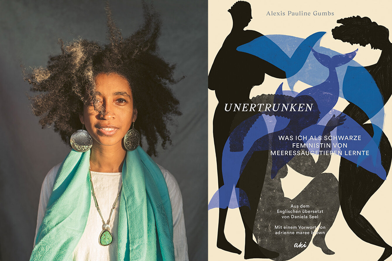 Autorin Alexis Pauline Gumbs links, Titelcover ihres Buches ›Unertrunken‹ rechts