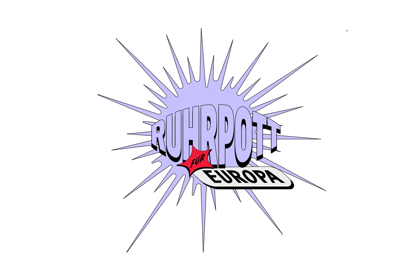 Eine weiße Fläche, darauf eine fliederfarbene Grafik. Es handelt sich um ein Kreis, aus dem Zacken rauswachsen. Auf dem Kreis in großen Buchstaben der Text "Ruhrpott für Europa".