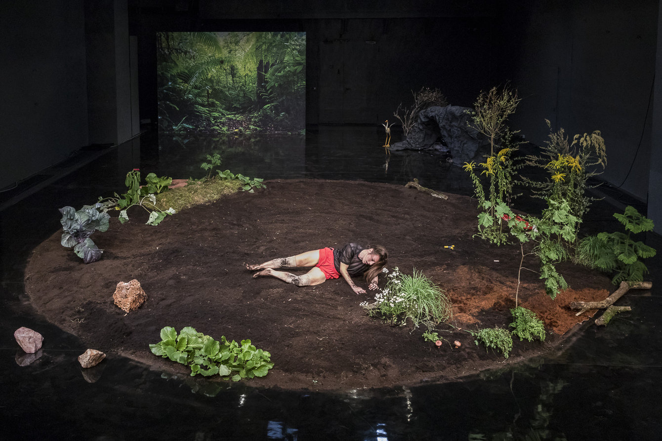 Eine Performerin liegend inmitten einer einer Anordnung aus Erde, Pflanzen, Steinen