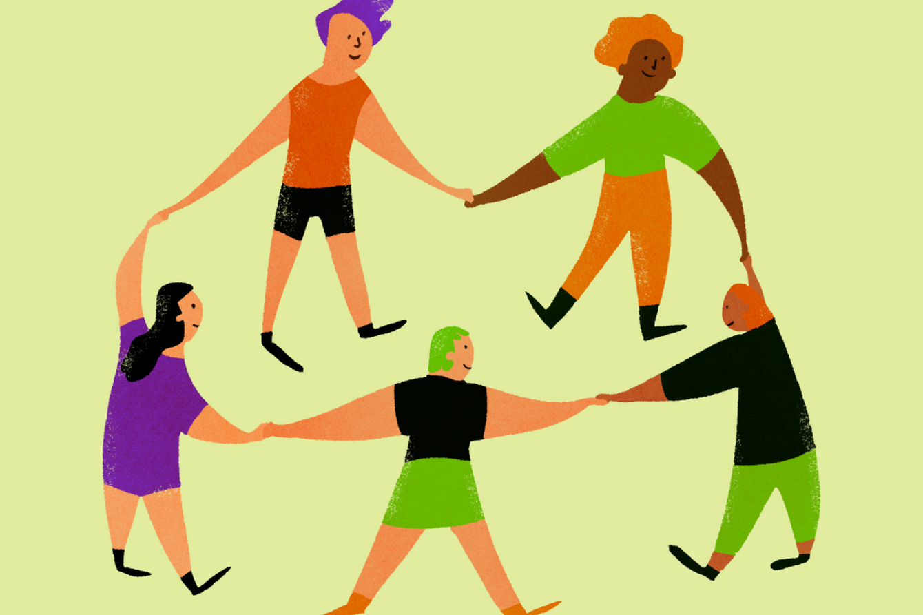 Eine Illustration, die fünf stilisierte Menschen, die im kreis stehen und sich dabei an den Händen halten.
