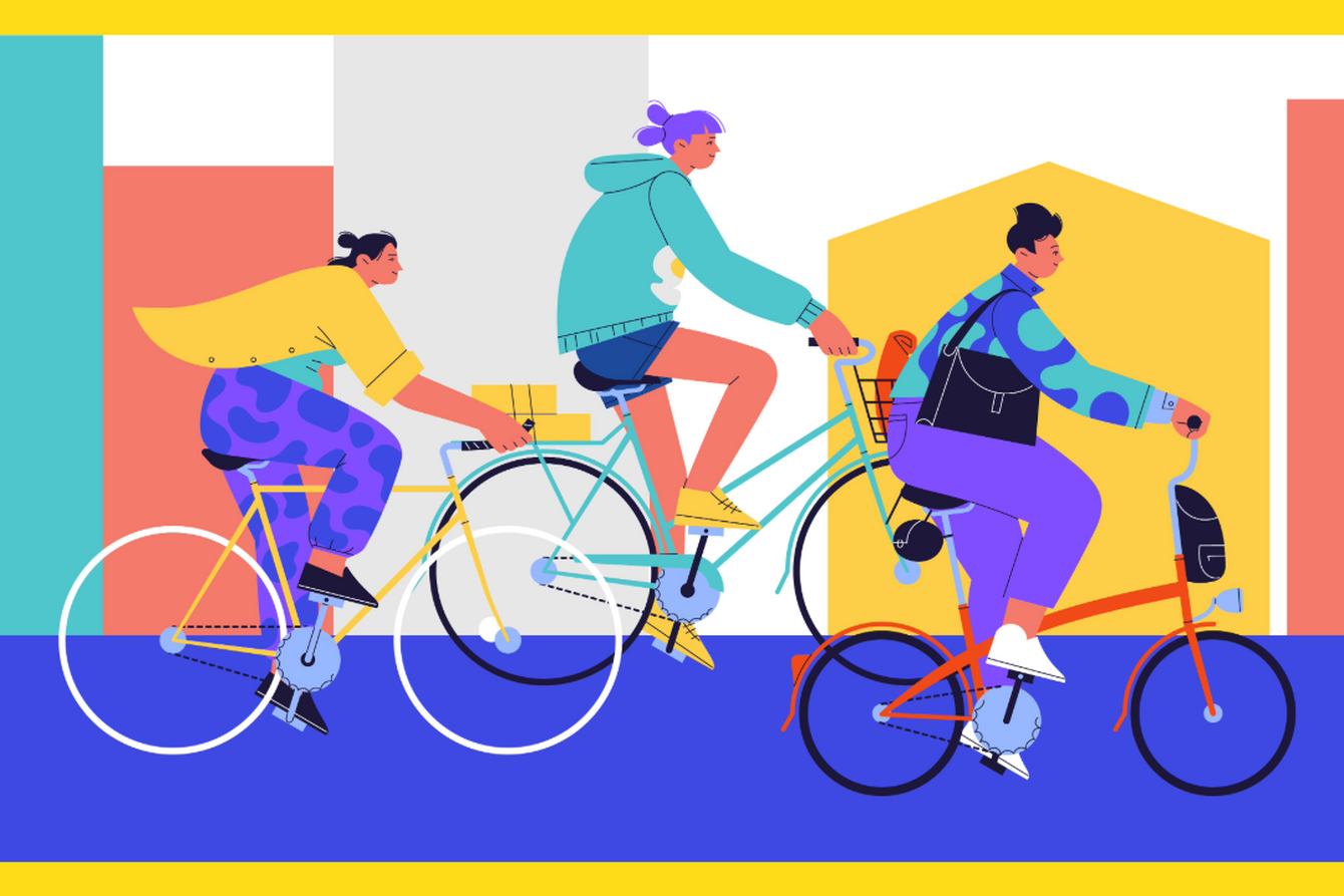 Eine sehr bunte, mithilfe künstlicher Intelligenz erstellte Ilustration. Sie zeigt drei Person von der Seite beim Fahrradfahren. Hinter ihnen werden Gebäude angedeutet. 