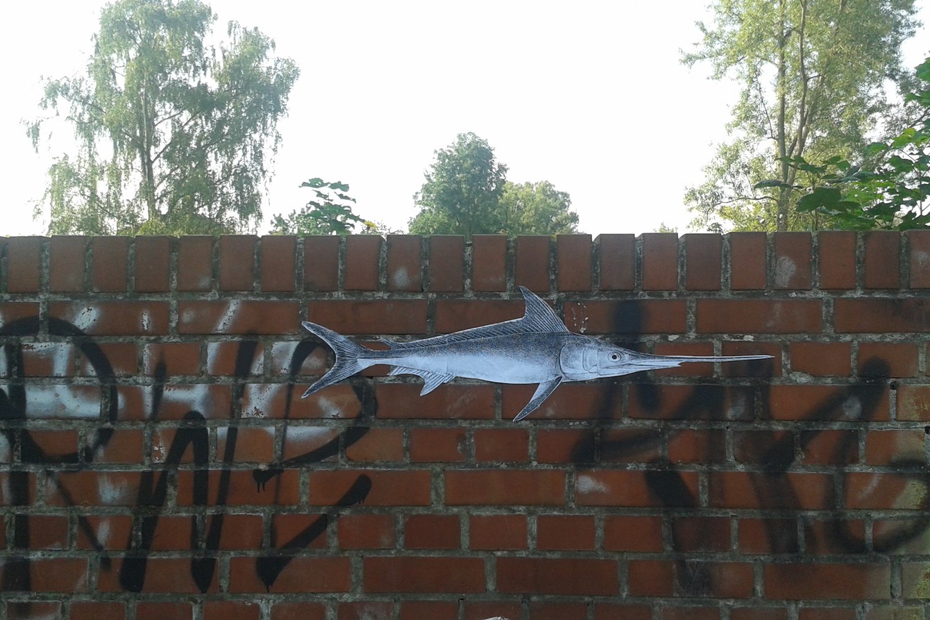 Ein Bild auf einer Backsteinmauer, dass einen Schwertfisch darstellt