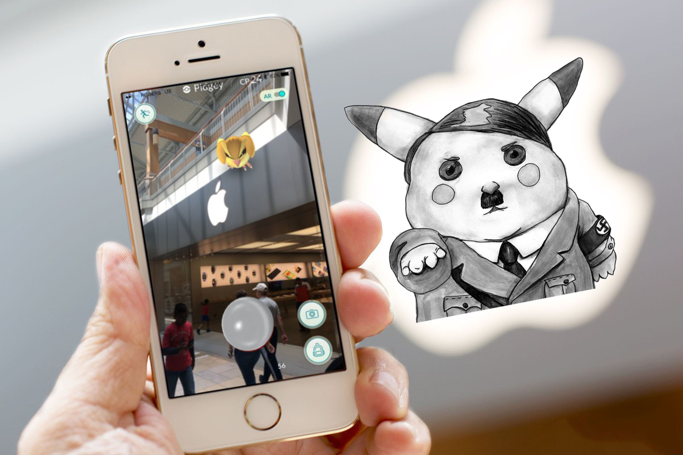 Ein Handy wird ins Bild gehalten, auf dem das Spiel Pokemon-Go zu sehen ist. Rechts davon ist ein Pikachu-Pokemon zu sehen, das als Hitler dargestellt wird: es trägt ein Bärtchen, Uniform und streckt den rechten Arm nach vorne. 