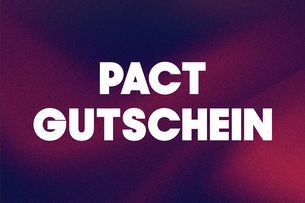 Auf einem lila-rötlichem Verlauf als Hintergrund steht groß geschrieben: "PACT Gutschein".