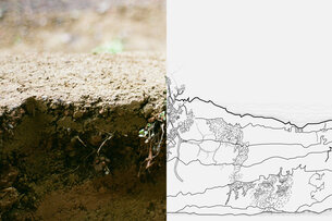 Split image. On the left: Close up photograph of the ground, where an edge is visible, where the earth has been digged away. On the right: A drawing, continuing the lines of the left images with simple black lines on a white background. 