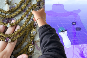 This collage shows touches across modalities: On the left, Iz hand is shown touching the opulent bodice of an opera dress. In the middle, Iz right arm reaches into the image and is holding a Quest Virtual Reality Controller. On the right, the dress from the left is shown in Virtual Reality.