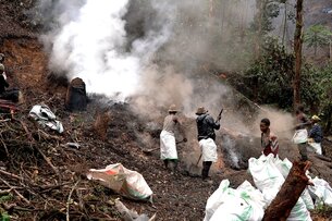 Das Foto zeigt einen gerodeten Hang, aus dem dunklen Waldboden steigt Rauch auf. Mehrere Menschen schütten mit Schaufeln Erde auf, um die Glut einzudämmen.