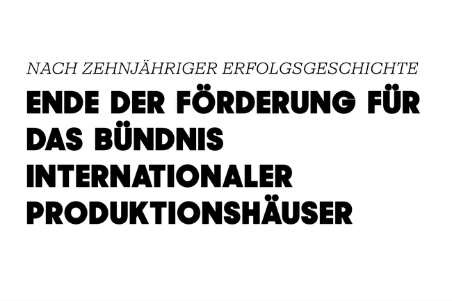 Weißer Text auf grünem Hintergrund: 'NACH ZEHNJÄHRIGER ERFOLGSGESCHICHTE ENDE DER FÖRDERUNG FÜR DAS BÜNDNIS INTERNATIONALER PRODUKTIONSHÄUSER'.