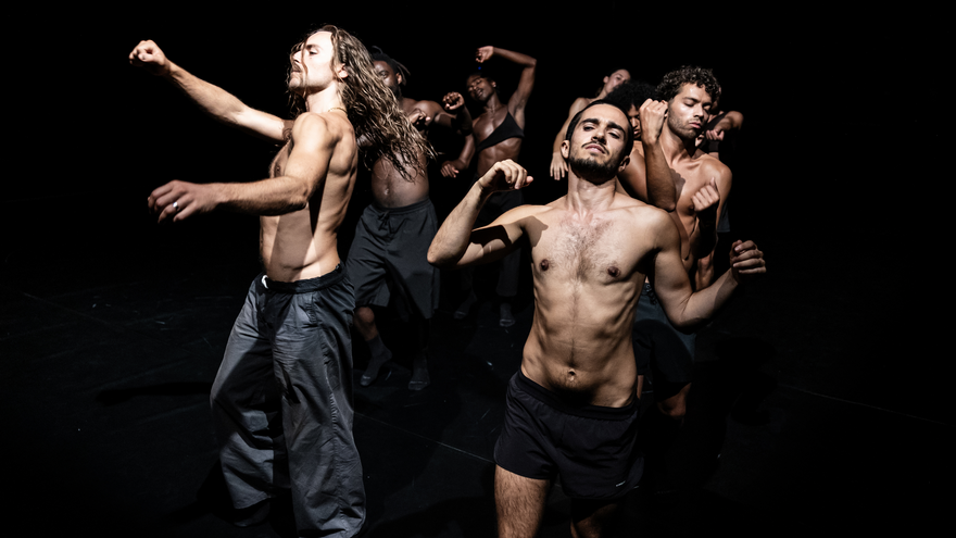 Eine Szene aus der Performance F*cking Future: Das Bild zeigt eine Gruppe von Tänzer*innen, die oberkörperfrei auf einer verdunkelten Bühne tanzen. 