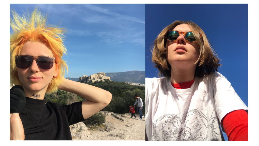Portraits von n7zza & tryniti vor blauem Himmel mit Sonnenbrille