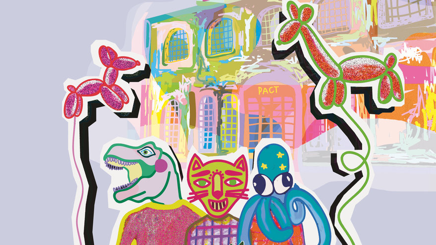 Colourful illustration with various animal creatures in front of PACT Zollverein